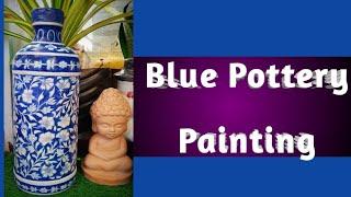 Diy Blue Pottery Painting On Terracotta Bottle|Handmade Blue Pottery|How To Make Blue Pottery|