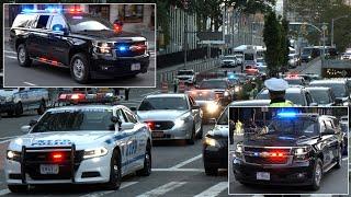 Many massive motorcades of world leaders leaving United Nations simultaneously 