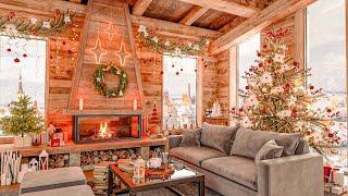 Cozy Christmas Fireplace Space With Outdoor Snowfall, The Best Christmas Jazz Music