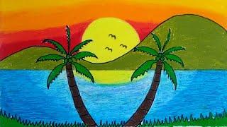 How to draw sunset scenery with oil pastel,Draw sunset scenery,Draw with oil pastel,sunset scenery