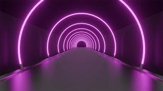 Neon tunnel of pink round arches on a dark background. Reflective floor. Video Loop | 10 minutes