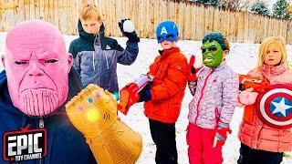 Nerf Battle: Avengers Hero Kidz vs Thanos Snowball Showdown - Pretend Play For Kids