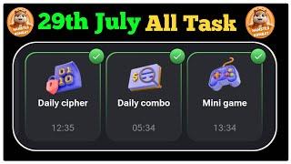 Hamster Kombat All Task 29 July || Daily Combo and Daily Cipher 29 July & Solve Mini Game Key 10
