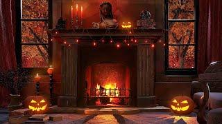 Spooky Halloween Fireplace with Rain on Windows Sound - Relax and deep Focus Ambience