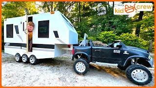 Camping adventure with kids RV trailer and ride on truck, sleeping in camper. Educational | Kid Crew