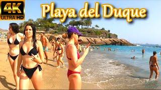 TENERIFE - PLAYA DEL DUQUE | Busy Beach Life & Clear Blue Sky ️ Hot Day ️ 4K ● April 2023
