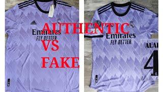 comparing authentic Real Madrid 22/23 away jersey to a fake jersey