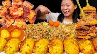 Eating Spicy Masala Egg Curry, Grilled Pork,Brinjal Pakauda & Fried Rice, Nepali Mukbang Eating Show