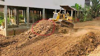 Starting  Project Landfill With Komatsu D20 Bulldozer Pushing Dirt And 5 Ton Truck Unloading Dirt