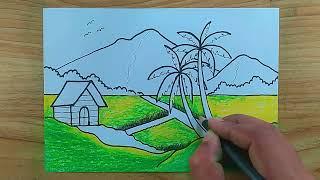 How to Draw a Village Scenery with Fields and Palm Trees | Easy Drawing Tutorial for Beginners