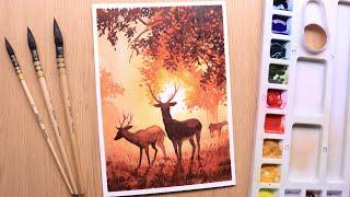 Watercolor painting for beginners of beautiful Forest landscape easy