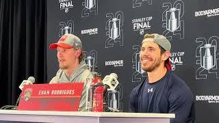 Niko Mikkola, Evan Rodrigues After Florida Panthers Win Game 2 of Stanley Cup Final