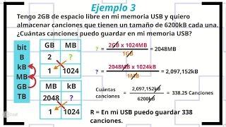 Conversiones de medidas de almacenamiento (ejemplos con regla de tres) / Informática