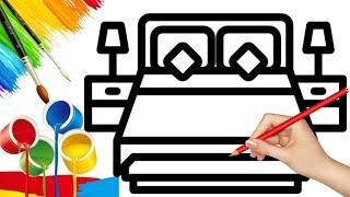 How to draw cute and easy Bedroom | Easy Step by step Drawing, Painting and Coloring for Kids