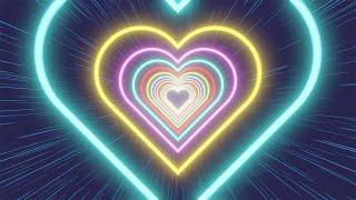 Neon tunnel of multicolored hearts on a dark background of stripes. Video Loop