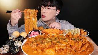 SUB)꾸덕꾸덕한 두찜 로제찜닭 먹방  (ft. 왕새우튀김 로제떡볶이 로제닭발) | Spicy Rosé Jjimdak Chicken Mukbang :)