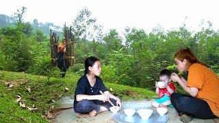 The young mother went to the forest to look for firewood - First meal on the new stove