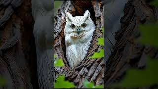 An owl perched on a branch of a tree, surrounded by lush green leaves, showcasing its keen gaze.