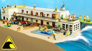 Lego Luxury Hotel Hit by Tsunami - Dam Breach Experiment - Wave Machine vs Hotel Guests