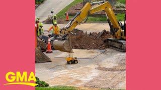 Construction crew fills little boy's toy dump truck with dirt l GMA