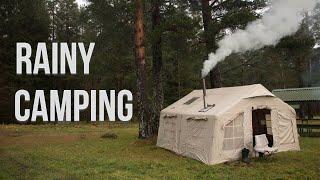 CAMPING with a HOT TENT in THE FOREST by THE LAKE | ASMR RAIN SOUND