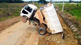 Incredible!! Dump Truck Fly Back Unloading Stuck Deep Heavy Recovery Bulldozer Komatsu Help Rescue