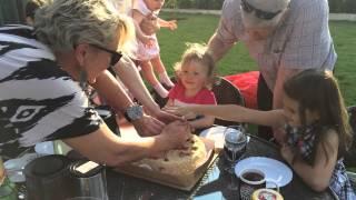 birthday cake candles blowed by happy little girl