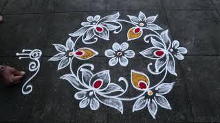 Vijaya Dasami Special Lotus Rangoli| 5x3 Dots Small Muggulu| Dasara Kolam Designs With Side Borders