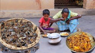 our santali grand mother cooking and eating  village famous SMALL CRAB CURRY recipe||rural india