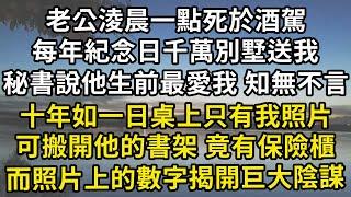 老公淩晨一點死於酒駕，每年紀念日千萬別墅送我，秘書說他生前最愛我 知無不言，十年如一日桌上只有我照片，可搬開他的書架 竟有保險櫃，而照片上的數字揭開巨大陰謀 #翠花的秘密