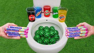 Watermelon Ball VS Popular Sodas !! Fanta, Coca Cola, Sprite, Fruko and Mentos in the toilet