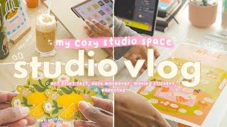 a cozy STUDIO VLOG ️ ️ making stickers, desk makeover, test printing art prints