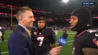 C.J. Stroud and Derek Stingley speak to Evan Washburn after the win over the Los Angeles Chargers