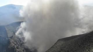 Mt. Yasur right crater eruption with rocks and builders