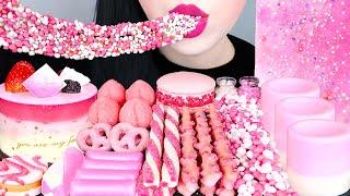 ASMR PINK DESSERTS EDIBLE JELLO SHOT, SHEET JELLY, NERDS ROPE, CHERRY BLOSSOM PRETZEL EATING MUKBANG