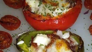 Djudhy-stuffed bell peppers roasted cherry tomatoes with salt garlic & oil