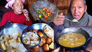 chayote roots and potato mix curry with rice by jungle family || family in the jungle || Village ||