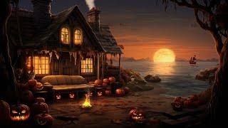 Beach Haunted House Halloween Ambience with Relaxing Crackling Fire, Ocean Wave Sound & White Noise