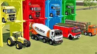 GARAGE OF COLORS ! TRANSPORTING  AMBULANCE, TRACTOR, FIRE TRUCK WITH TRUCKS ! FS 22 !