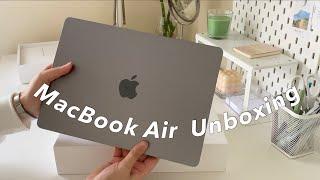 MacBook Air M2 (space gray) + Airpods 3rd generation aesthetic unboxing, accessories, setup ️