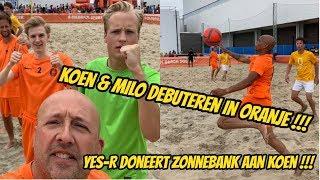 Koen & Milo debuteren in het Nederlands Beachsoccer elftal. Yes-R doneert zonnebank aan Koen.