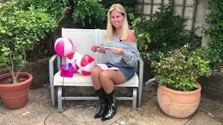 Beach Ball Disaster in tan pantyhose, denim skirt and cowboy boots