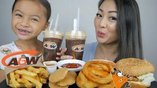 A&W Habanero Chicken Burger, Chicken Fingers & Root Bear Float Mukbang | N.E Let's Eat