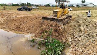 Perfectly Mini Bulldozer Push Soil To Filling Up The Pond Transaction With Dump Trucks Delivery Team