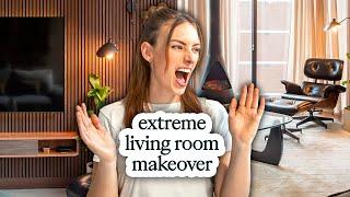 EXTREME modern living room makeover | Eames chair, slat wall & DIY fireplace