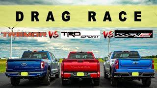 2022 Toyota Tundra TRD Sport takes on Ford F150 Tremor and Chevy Silverado ZR2. Drag and Roll Race