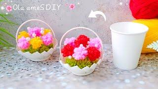 It's so Beautiful ️ Super Easy Basket of Flowers Craft Idea with Paper Cup and Yarn - DIY Crafts