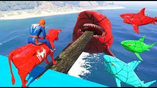 GTA V Epic Spiderman Cow New Stunt Race For Car Racing Challenge by Trevor and Shark