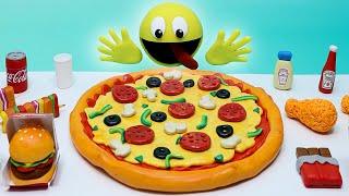 ASMR MUKBANG | Cheesy Pizza and Burger - Pac Man Stop Motion Mukbang