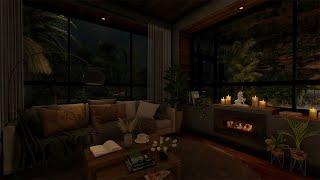 Cozy Room Ambience ASMR Rain On Window Sounds With Crackling Fire For Sleep, Study, Relaxation.